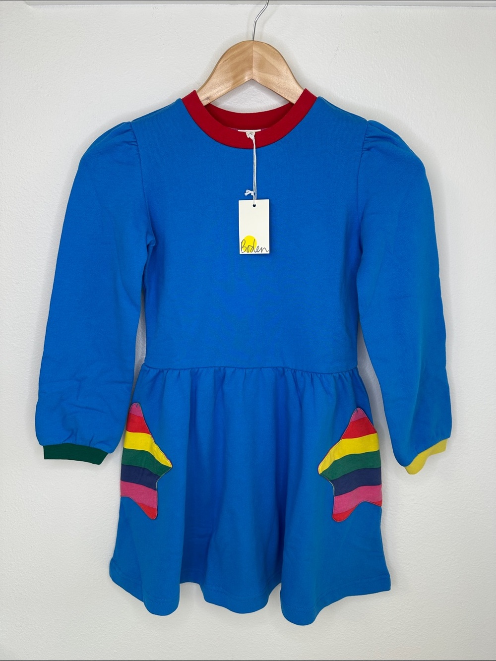 Mini Boden 8-9 years 134cm Rainbow Star Pockets, Colorful Blue Cotton Dress NEW